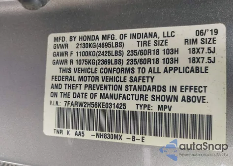 2019 Honda Cr-V Ex z USA, uszkodzony, nr VIN 7FARW2H56KE031425